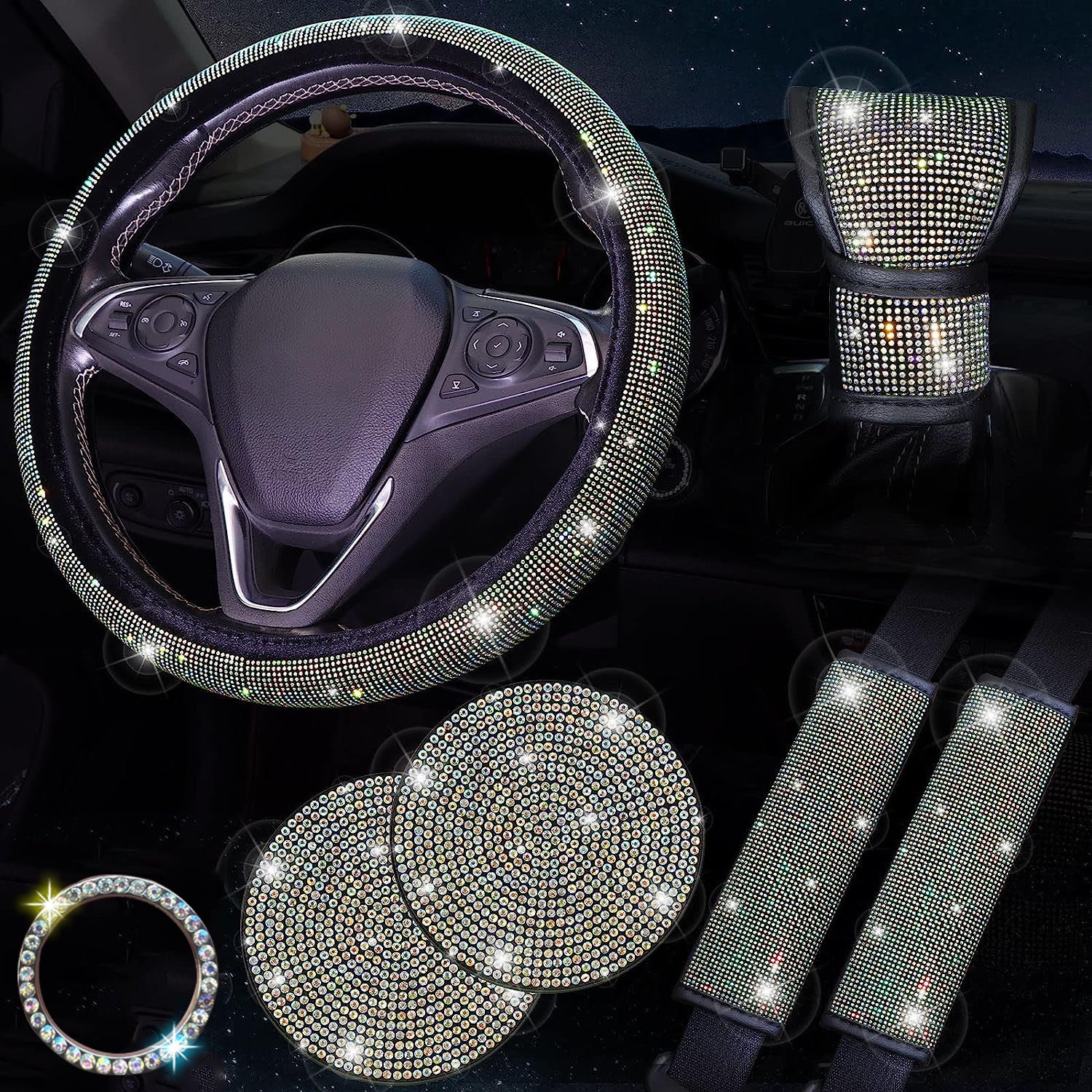 Bling Car Accessories For Women, Bling Steering Wheel Cover Bling Car Coasters Bling Set Seat Belt Shoulder Pads Ring Emblem Sticker Gear Shift Cover